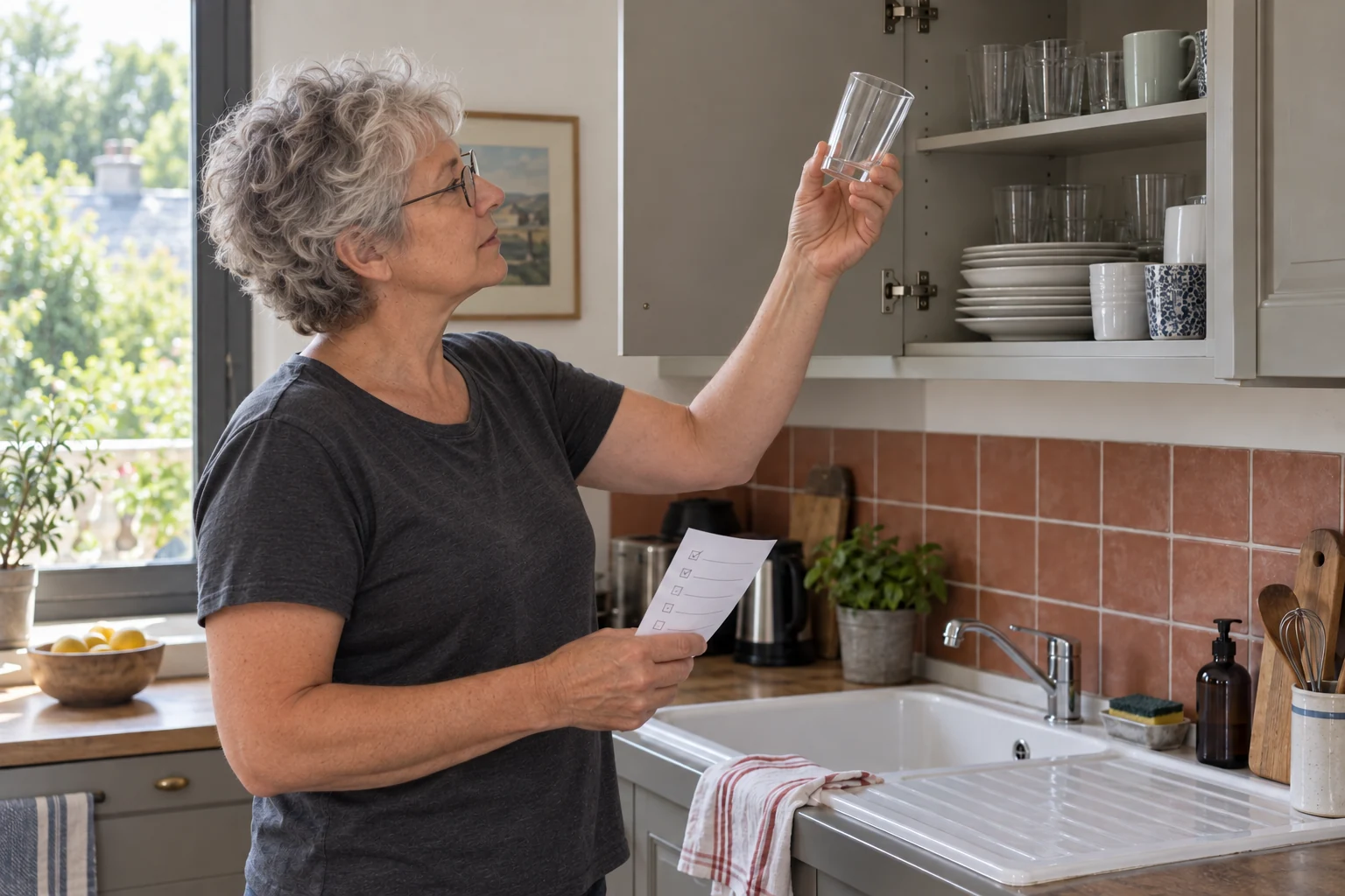 Une personne vérifie un verre dans un placard de cuisine en consultant une petite liste.