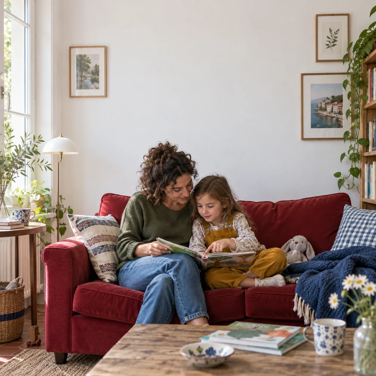 Un parent et son enfant lisent ensemble pendant leur séjour