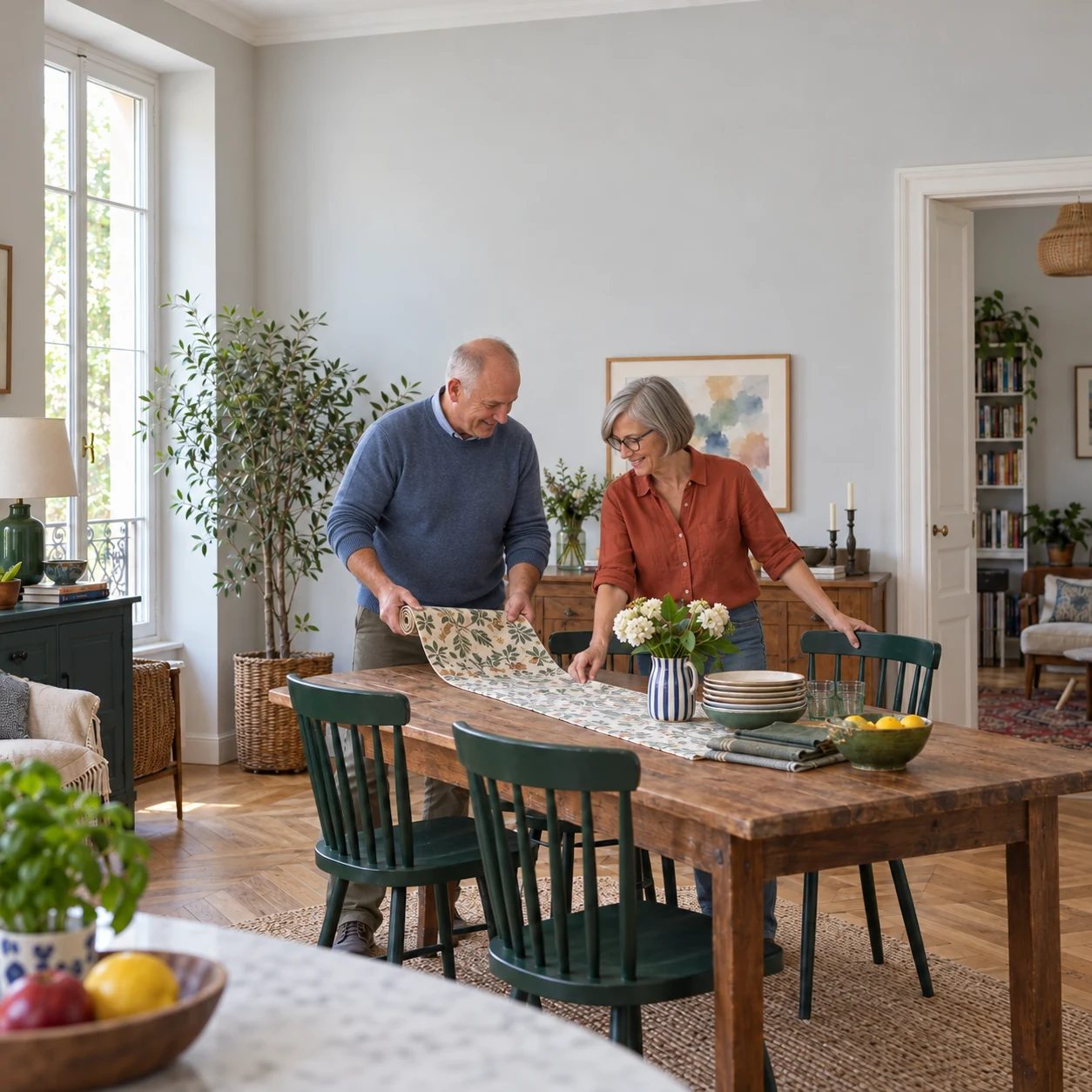 Deux personnes préparent une table pour un prochain séjour