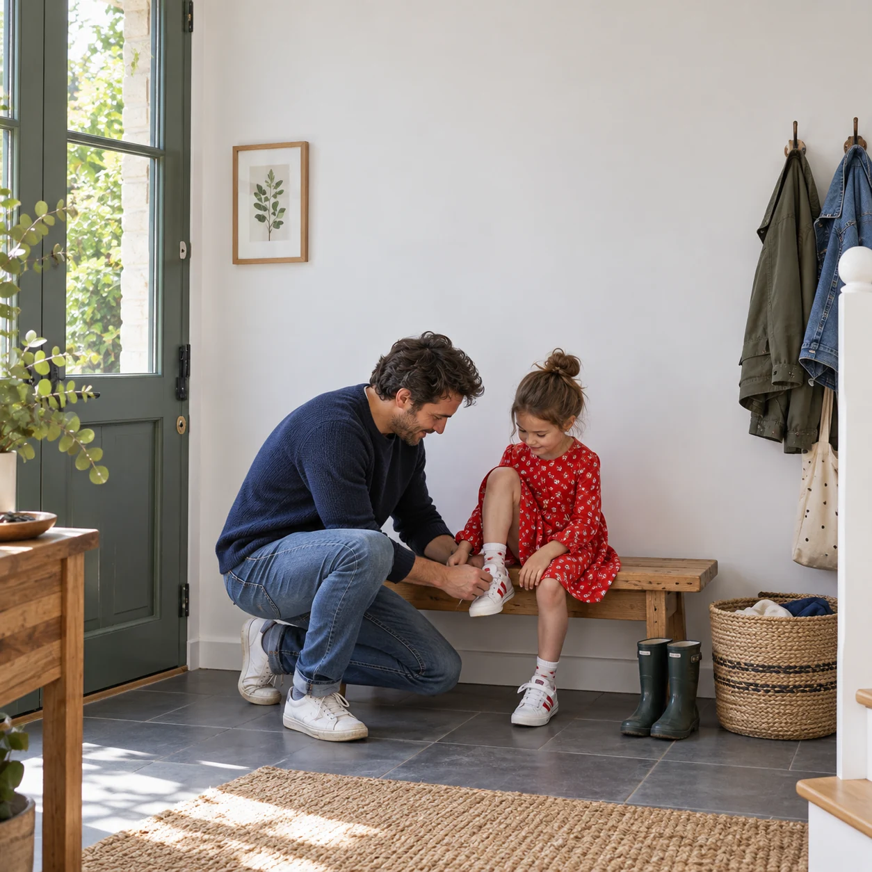 Un parent aide son enfant à mettre ses chaussures avant une sortie