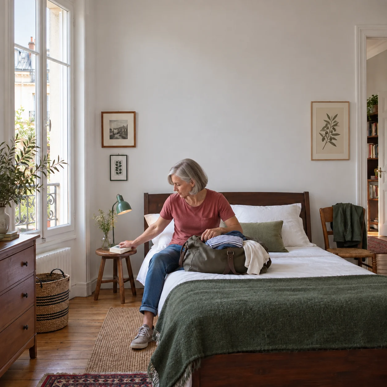 Une voyageuse s'installe dans une chambre préparée