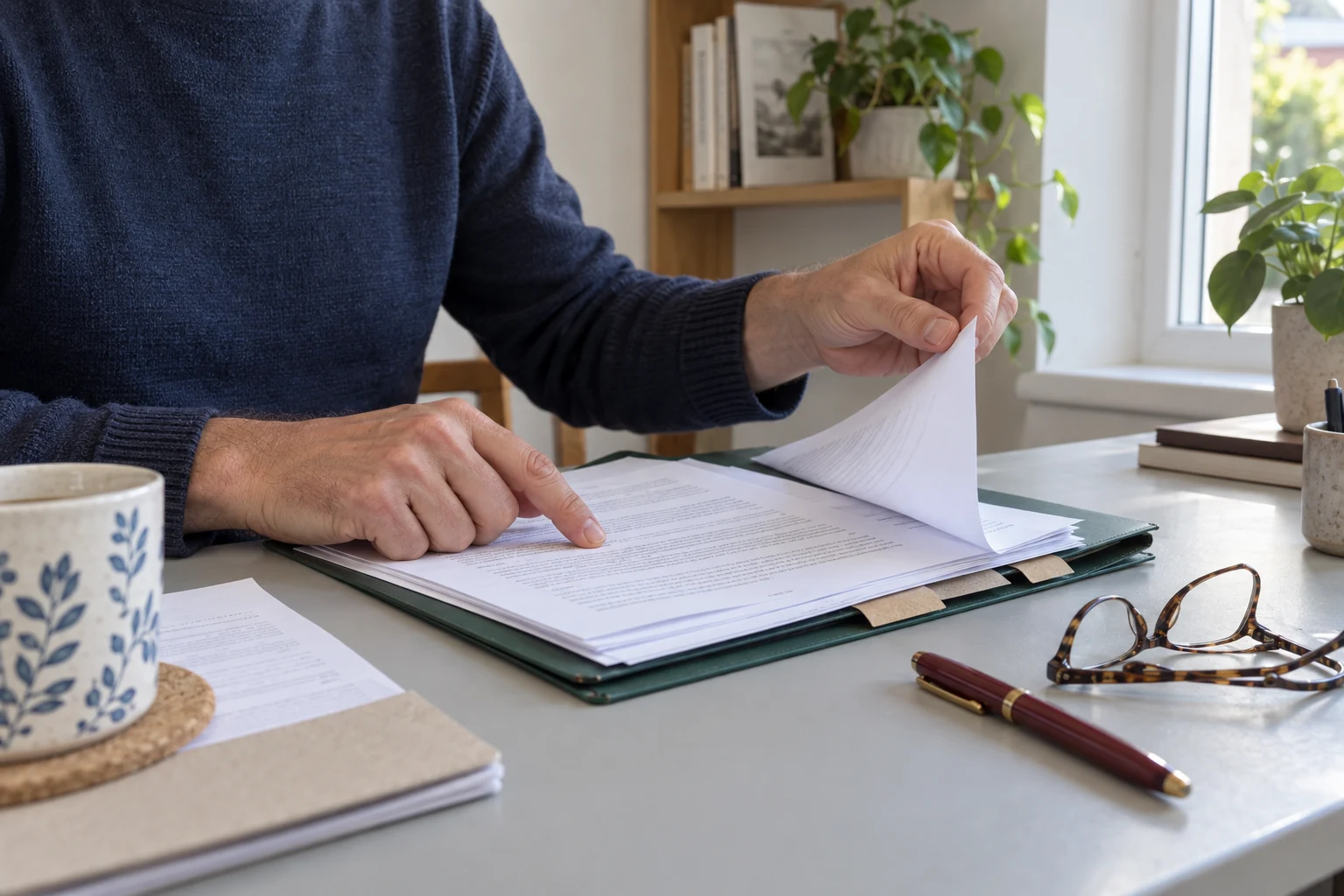 Des mains relisent les pages d’un dossier classé avec des onglets.