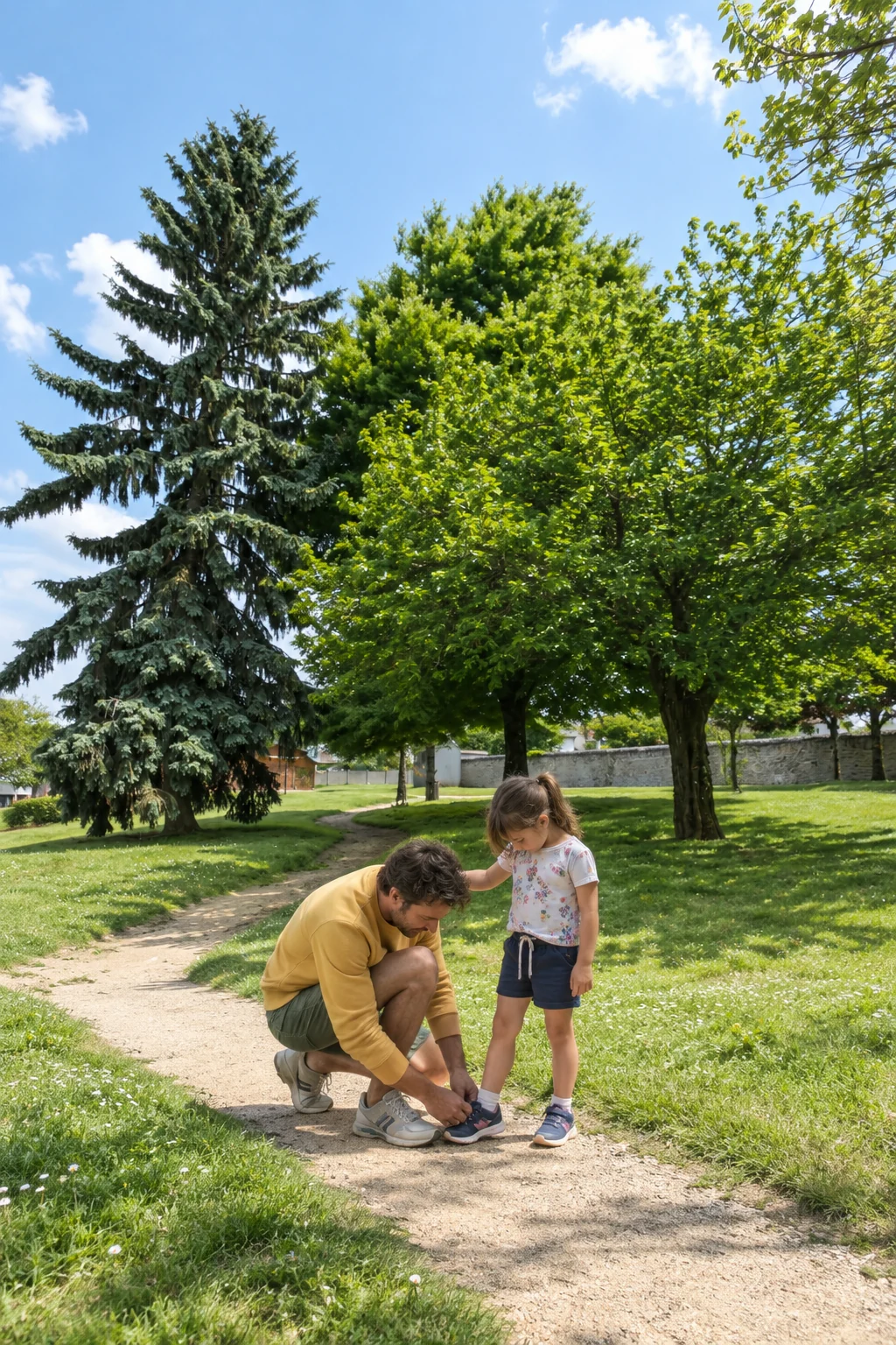 Un parent aide son enfant à lacer sa chaussure dans un jardin arboré