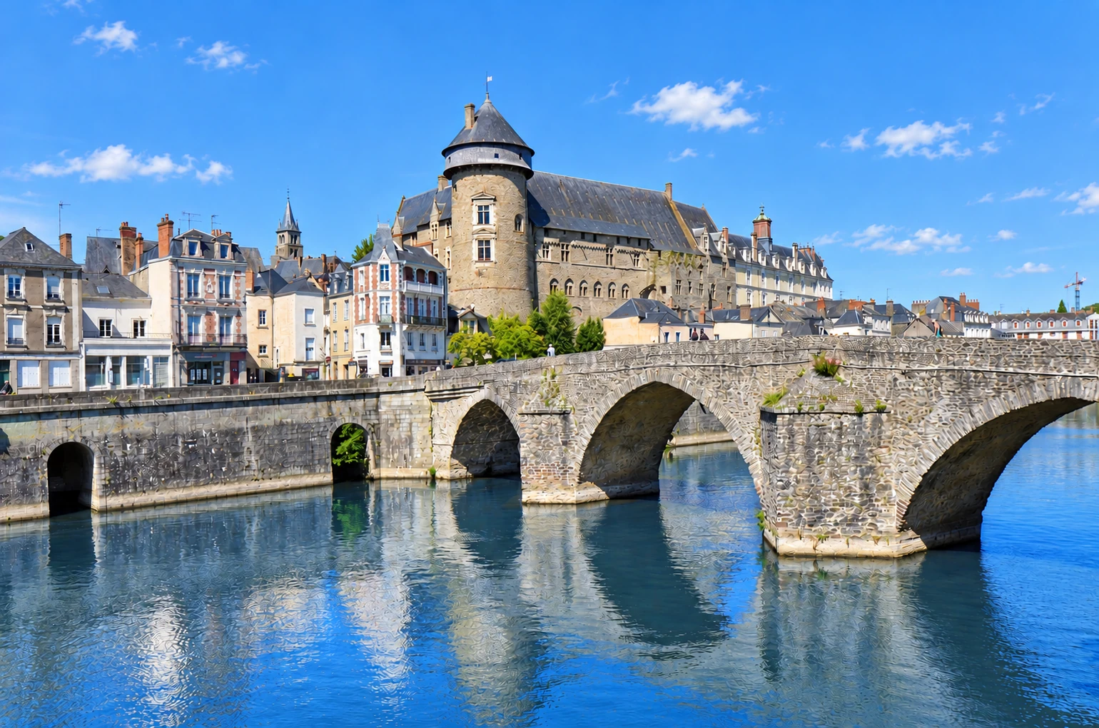 Le château de Laval et le Pont Vieux au soleil, avec les reflets bleus de la Mayenne