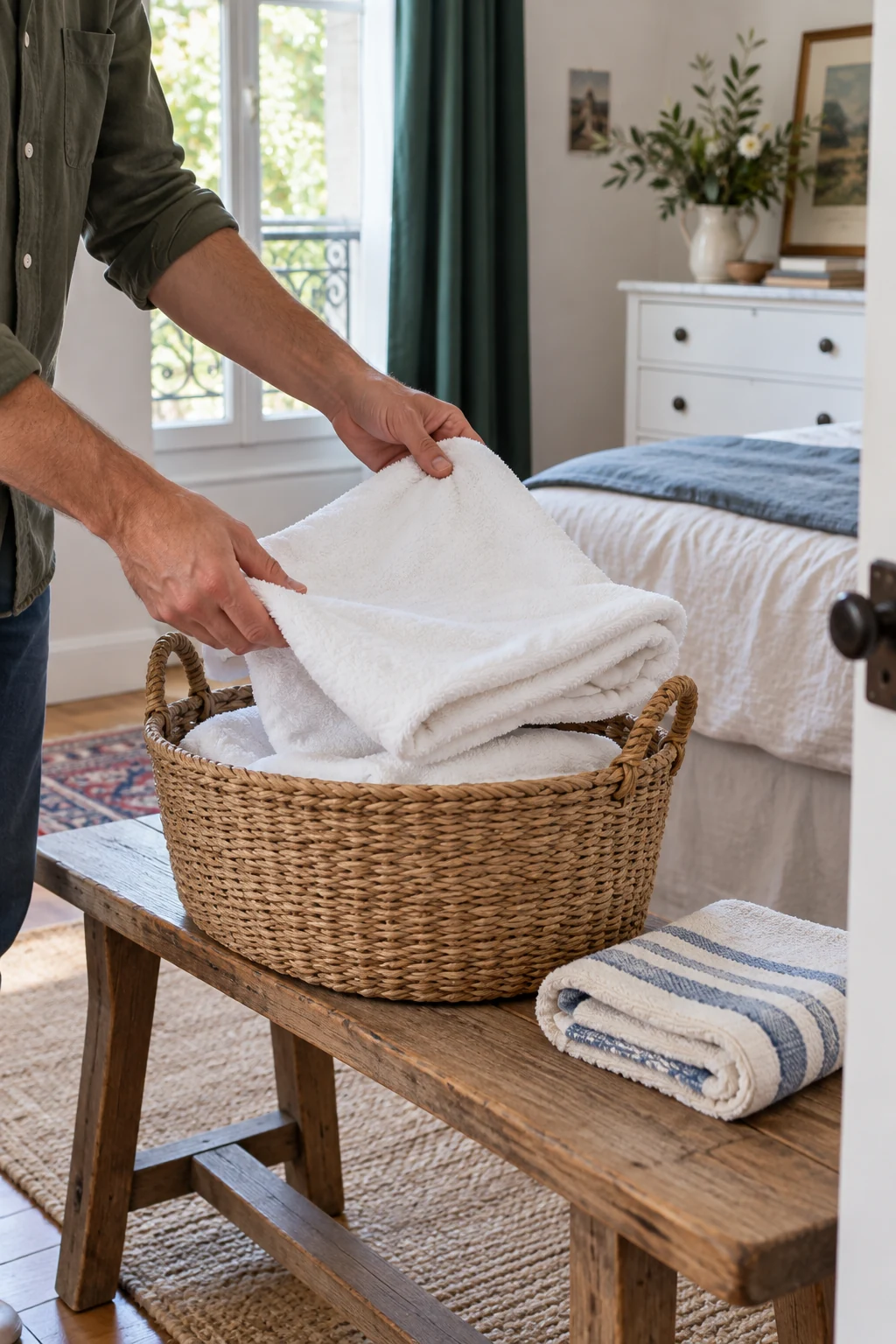 Pliage du linge propre avant l'arrivée des voyageurs