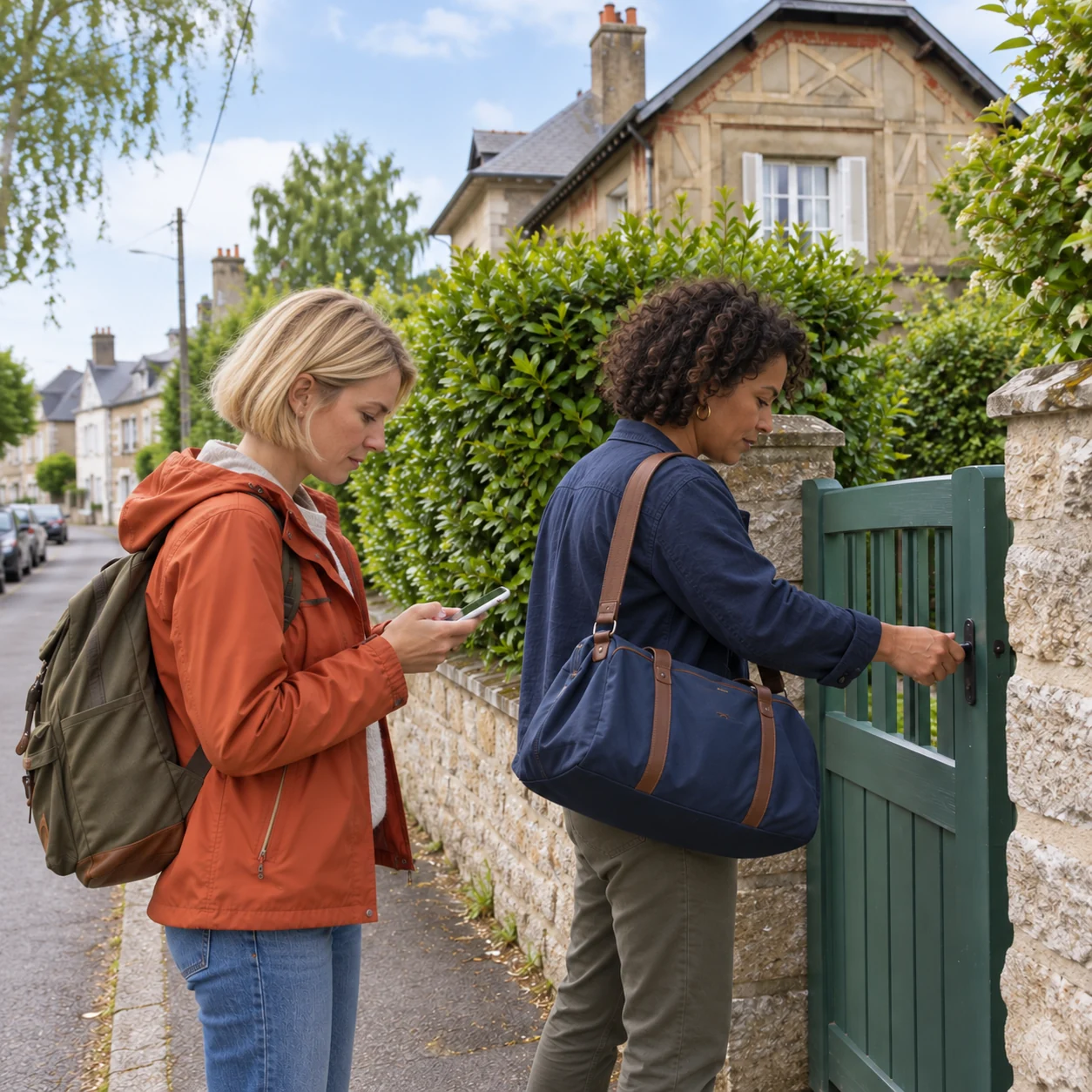 Deux voyageuses consultent leurs consignes en ouvrant un portail.
