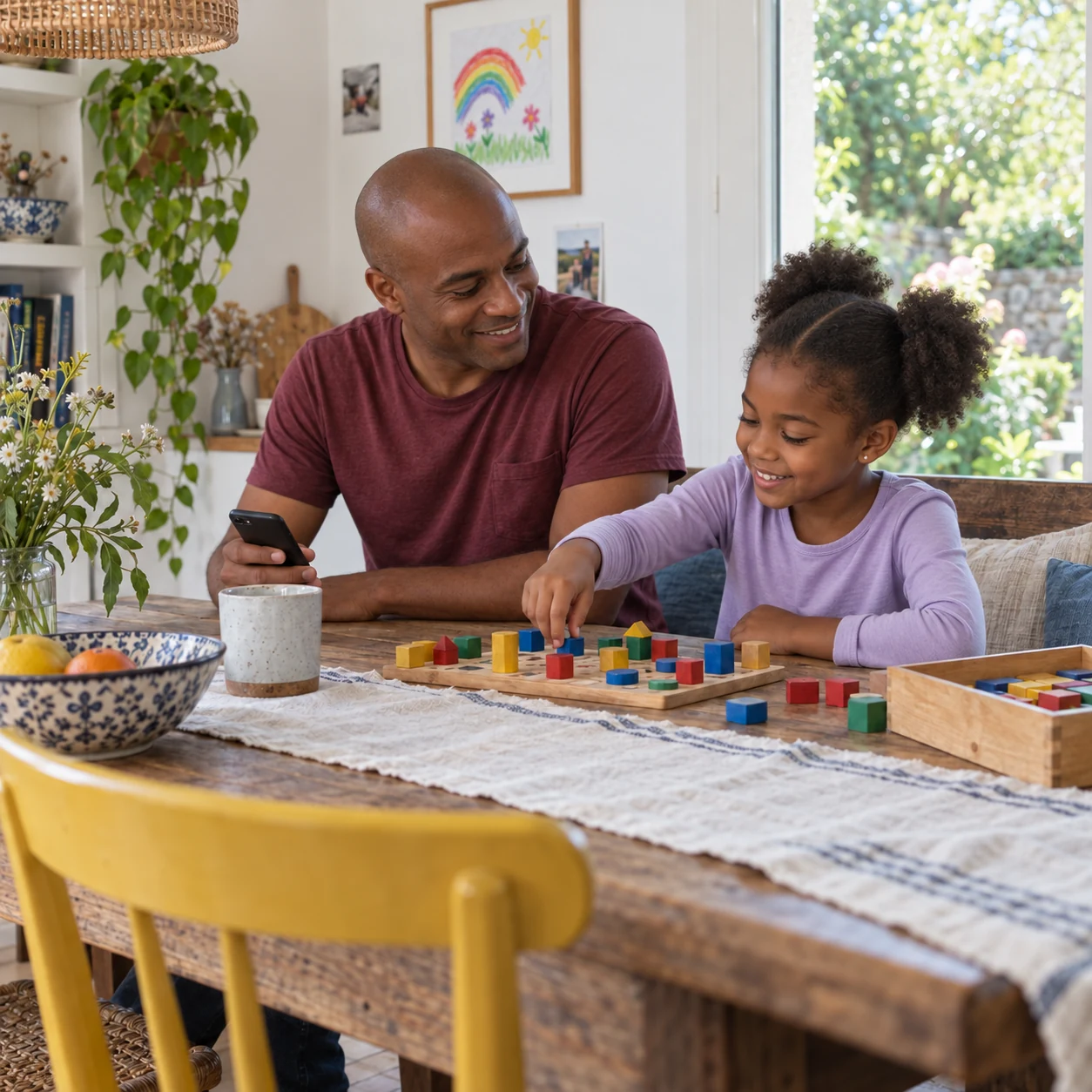 Un père échange avec sa fille pendant un jeu, son téléphone à la main.