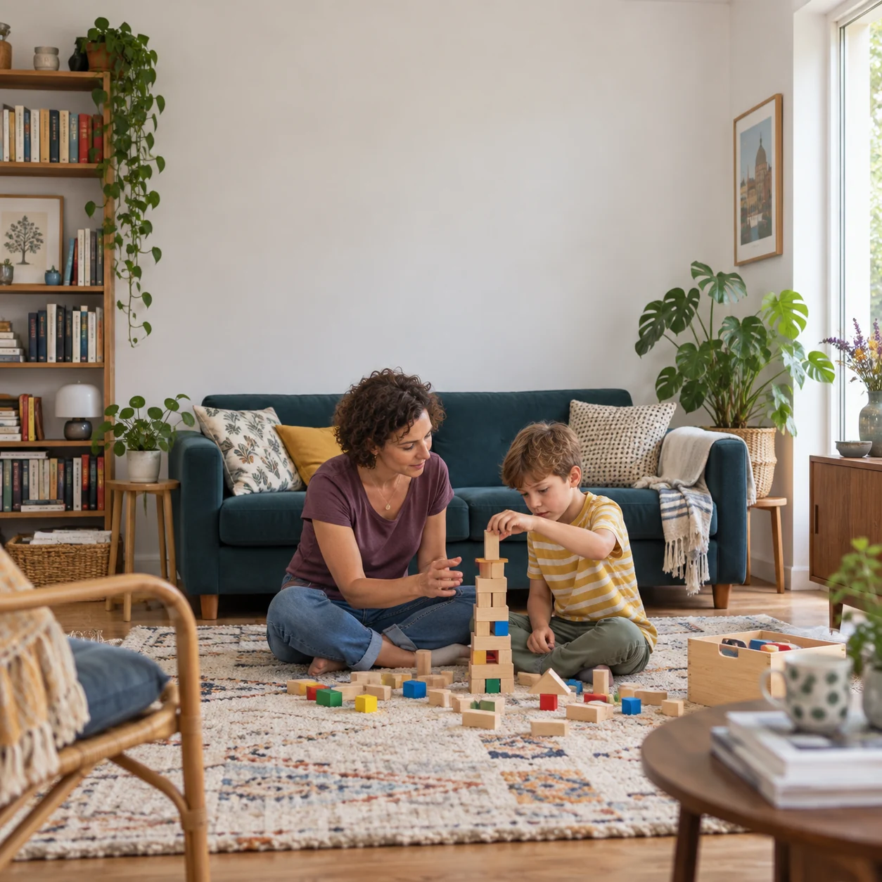 Un parent et son enfant construisent un jeu ensemble