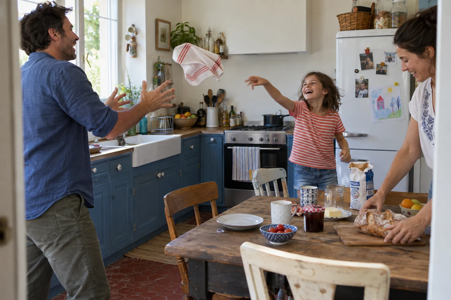 Une famille partage un moment joyeux dans la cuisine pendant la préparation du petit-déjeuner.